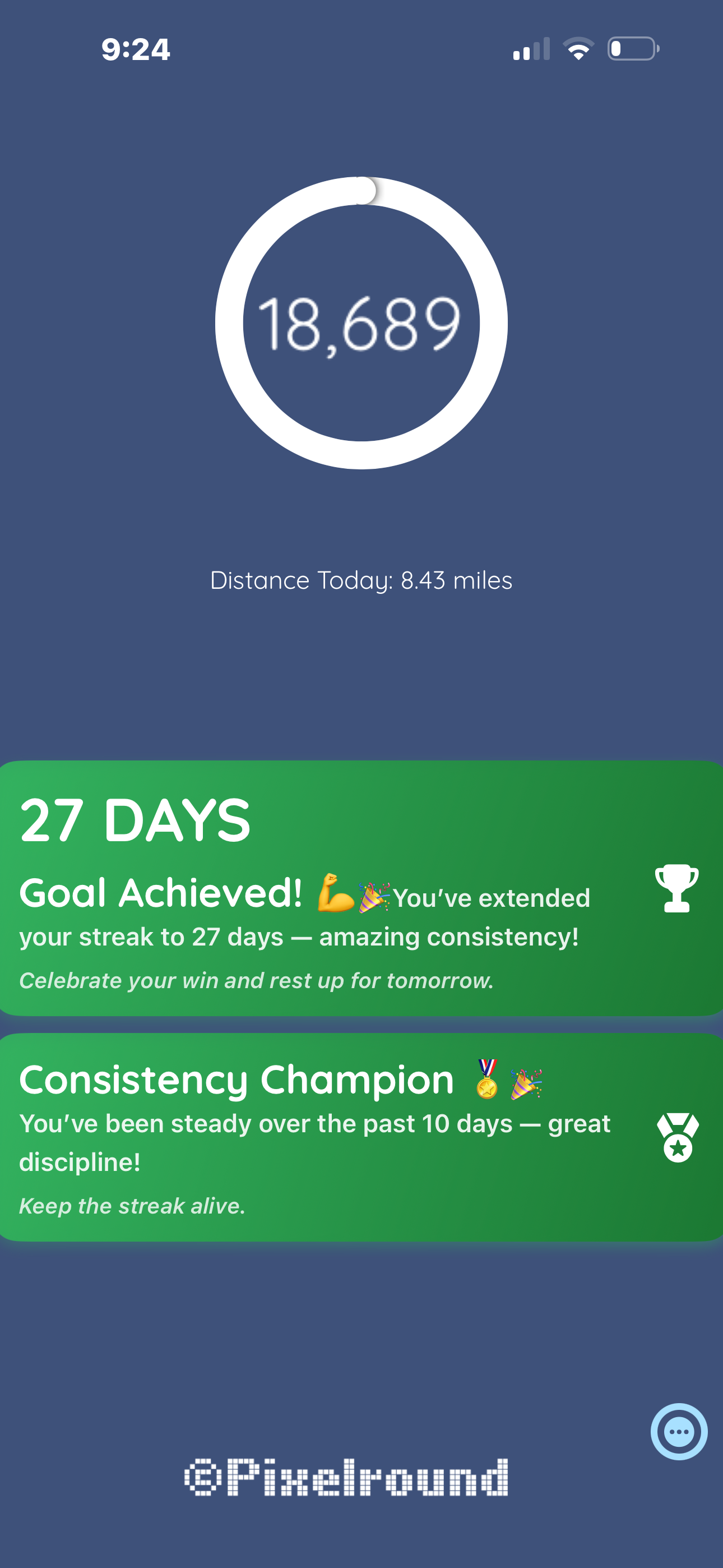 Daily screen with progress ring, step count, and achievement cards.