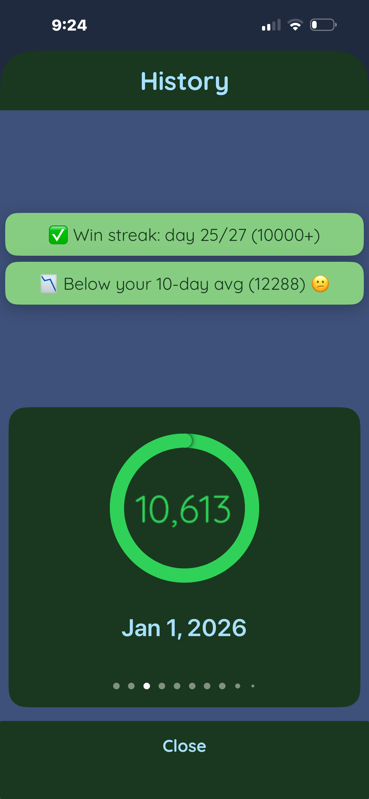 History screen with streak badges and a dated progress card.