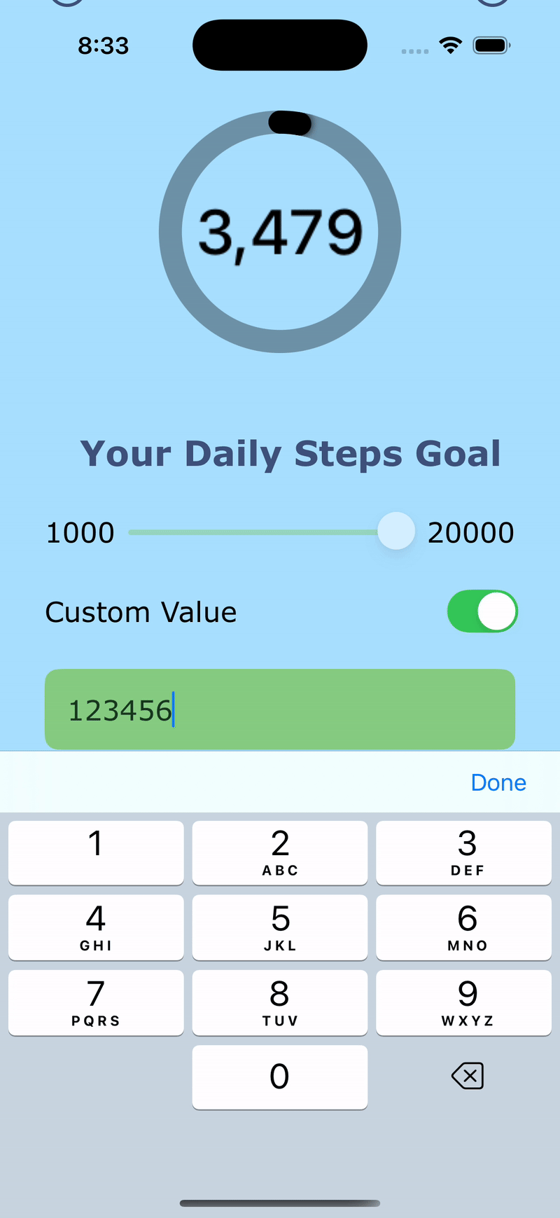 Custom goal toggle with a numeric input for an exact step target.